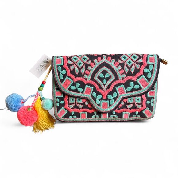 Sam Forever Women's Multi-coloured embroidered geo print clutch bag with tassel - Picture 1 of 5